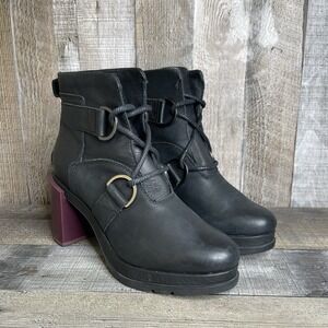 Womens Sorel Margo Black Leather Lace Up Block Heel Ankle Boots Booties Size 7.5